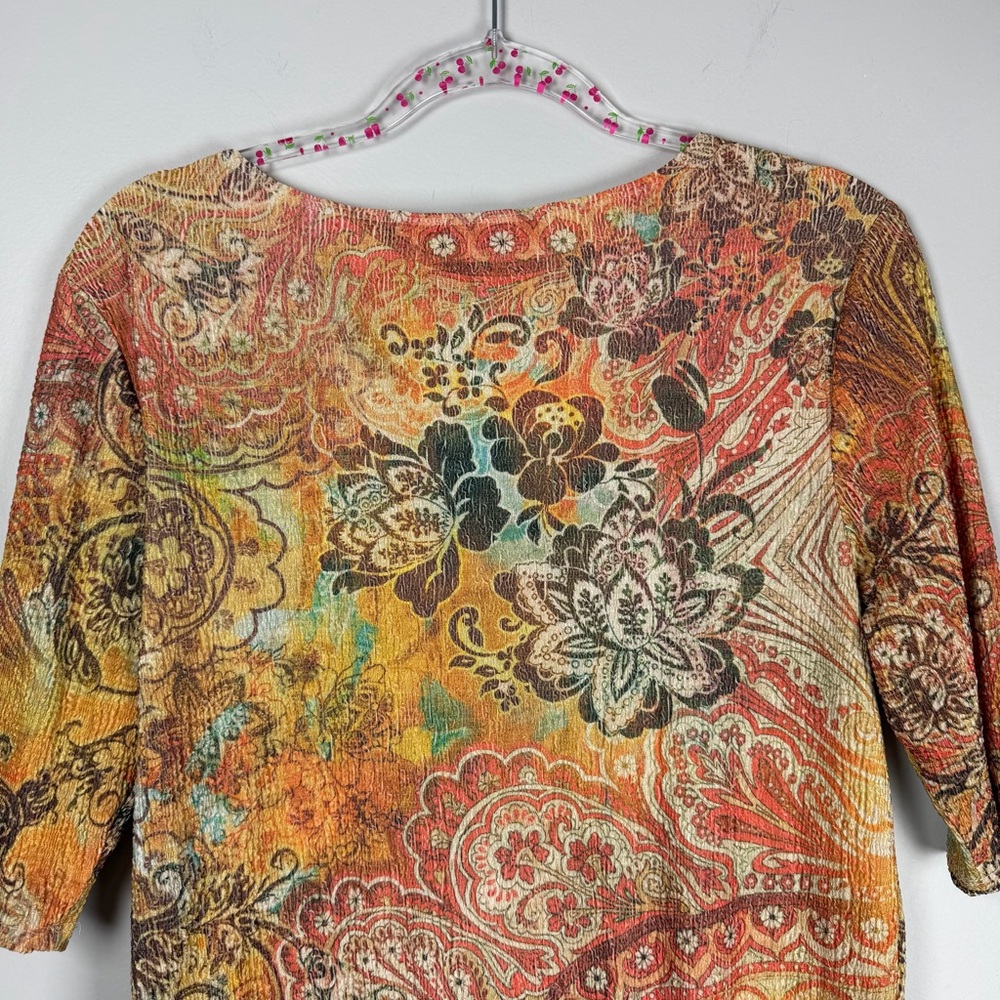 Coldwater Creek Orange Yellow Paisley Print Short Sleeve Top Boho Hippie Medium - Picture 4 of 7